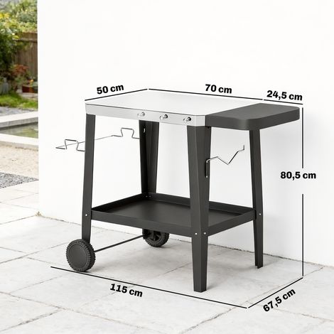 Chariot de cuisine à roulettes, chariot de service avec crochets, porte-rouleau de papier toilette, support pour sacs poubelle, acier inoxydable, 115 x 67,5 x 80,5 cm, noir