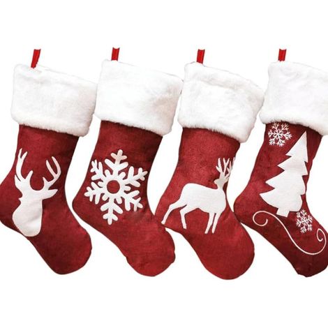 Chaussette de Noël, 4 Pièces 46cm Xmas Sac Cadeau de Noël, Chaussettes Suspendues Motif Flocons de Neige, Arbres et Rennes pour Cheminée, décoration d'arbre de Noël-Fei Yu (1/5)