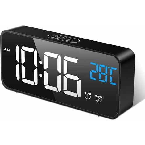Réveil numérique avec miroir, grand écran LED, affichage de la température, fonction snooze, 2 alarmes, luminosité et volume réglables, activation sonore, chargement USB, noir. Idéal pour la maison ou (1/5)