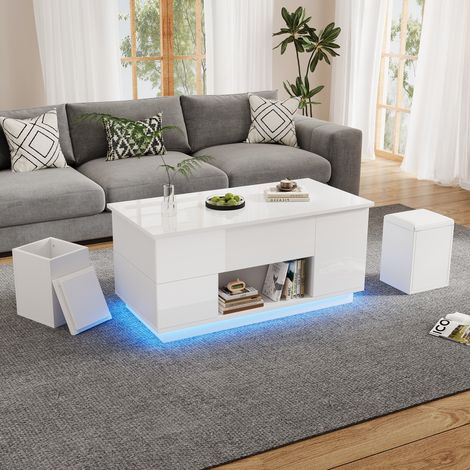 Mesa de centro elevable 100x50x45 cm de paneles de madera blancos con almacenaje FloraGrace (1/5)
