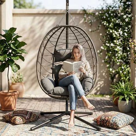 BIRCHTREE Hanging Egg Chair Single with Stand Garden Swing PE Rattan 120lbs Capacity Grey