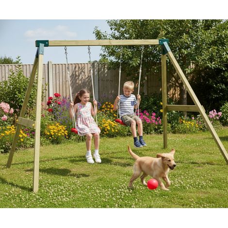 Funni Aire de Jeux Enfant Extérieure – Bois Traité – Balançoire Double – Jusqu’à 2 Enfants – EN 71 (1/5)