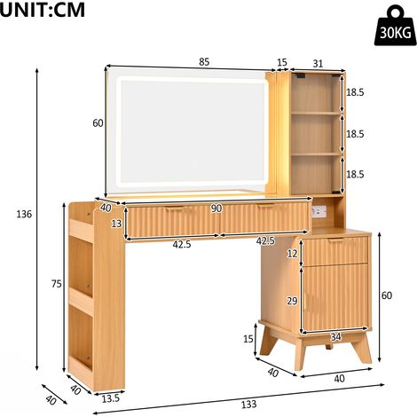 Coiffeuse avec miroir LED, 2 prises de courant, port USB et Type-C, compartiment de rangement latéral ouvert, 3 tiroirs, 1 porte d'armoire et trois étagères en verre, dimensions : L 133 × H 136 × P 40 (1/4)