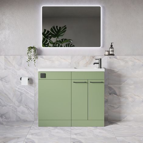 Napoli 250 Olive Green 1000mm 2 Door Vanity Unit Toilet Suite with Round Silvo Basin - 1000mm - Gunmetal Grey 160mm HandleWithout Jubilee Toilet Pan