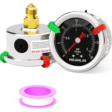 02Bar/030Psi Black Pressure Gauge 1/8" BSP Dial 1.5",Back Mount Stainless Steel Liquid Pressure Gauge WOG Water Oil Air (with 2 Snap Buttons) (1/5)