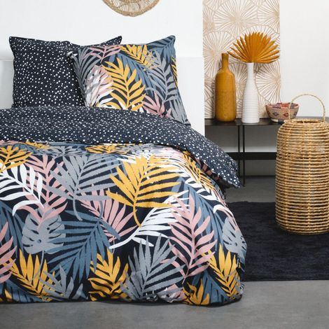 Parure de lit double à imprimé feuillages "Sunshine" - Gris fusain - 220 x 240 cm - Livraison gratuite (1/3)