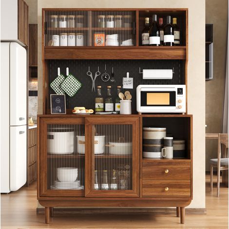 Aparador de cocina con 4 puertas correderas de vidrio estriado, 2 cajones, estantes abiertos y panel perforado, acabado madera oscura  FLORAGRACE (1/5)