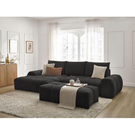 BOBOCHIC - Canapé d'angle convertible coffre EVEREST tissu texturé avec pouf Angle gauche Noir (1/5)