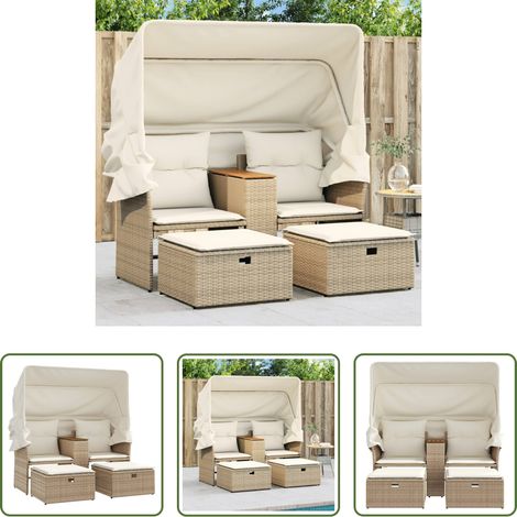 Gartenmöbel - Gartensofa 2-Sitzer mit Dach und Hockern Beige Poly Rattan (1/5)