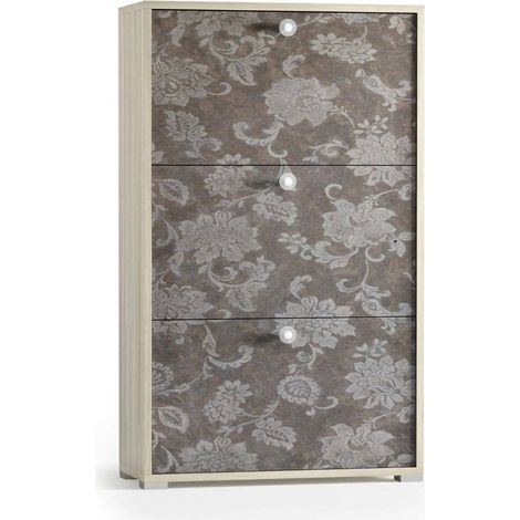 Dmora Scarpiera Peonia, Mobile multiuso da ingresso con 3 ante a ribalta, Armadietto portascarpe a doppia profondità, 100% Made in Italy, Cm 67x28h112, Olmo e fantasia, con imballo rinforzato