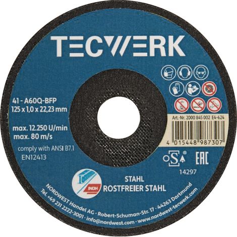 Premium-disque à tronçonner 2en1 D125x1mm droit INOX/acier alésage 22,23mm TECWERK (1/3)