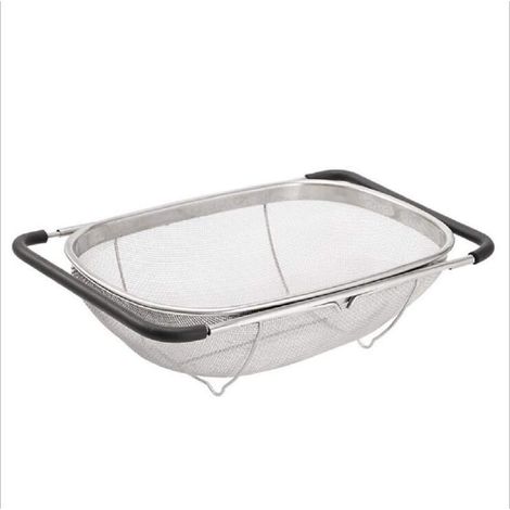 Colador sobre el fregadero, cesta coladora de acero inoxidable, para fregadero de cocina, con mango de goma, malla fina de acero inoxidable, colador metálico grande expandible para pasta, f (1/4)