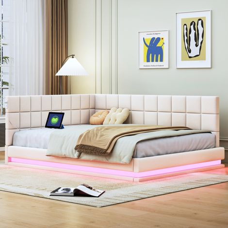 lit adulte canapé couchage LED USB 140x200 lin beige OKMYHOME (1/5)