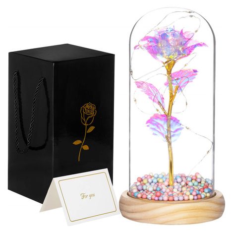 SPRINGOS Rosa in cupola di vetro Rosa eterna Regalo di San Valentino Fiore artificiale con luce LED 22 cm festa della Donna