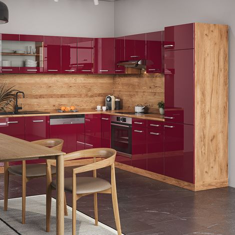 Cucina angolare completa R-Line, Bordeaux lucido/rovere dorato, 227 x 287 cm senza piano di lavoro, Vicco (1/5)