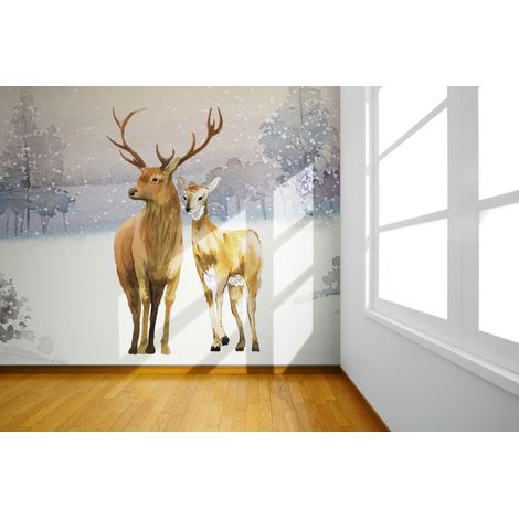 Papier Peint Animaux - Cerfs sous la Neige - 150 x 250 cm (1/2)