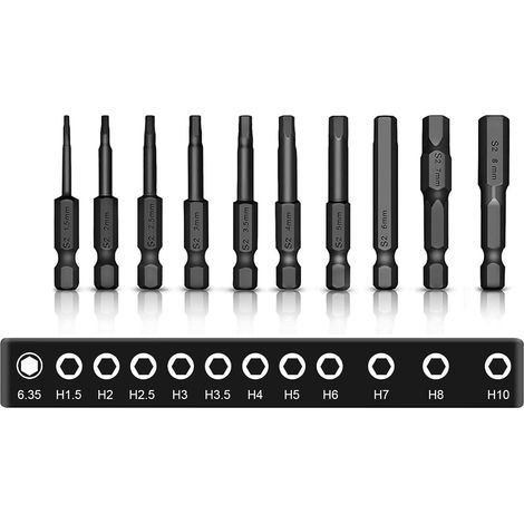 Lot de 10 embouts de visseuse à percussion hexagonaux 50 mm S3 1/4" pour visseuse sans fil H1,5/2/2,5/3/4/5/6/8/10 à six pans creux (1/5)
