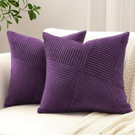 Lot de 2 Housse de Coussin 45x45 cm en Velours Côtelé, Housse Coussins Patchwork à Rayures Pinwheel Doux Taies d'oreiller Décoratives pour Lit Canapé Chambre Salon, Violet (1/5)