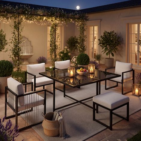 Elegantes Gartenmöbelset mit Tisch und Stühlen für 6 Personen, Tischplatte aus gehärtetem Glas, für Garten und Balkon, weiß und schwarz
