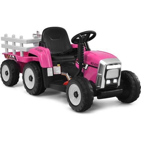 COSTWAY 12V 3-Gang Traktor mit abnehmbarem Anhaenger und 2,4G Fernbedienung, Kinder Aufsitztraktor mit LED Lichtern, Musik, Hupe, Bluetooth & USB Funktionen, geeignet für Kinder ab 3 Jahren Rosa