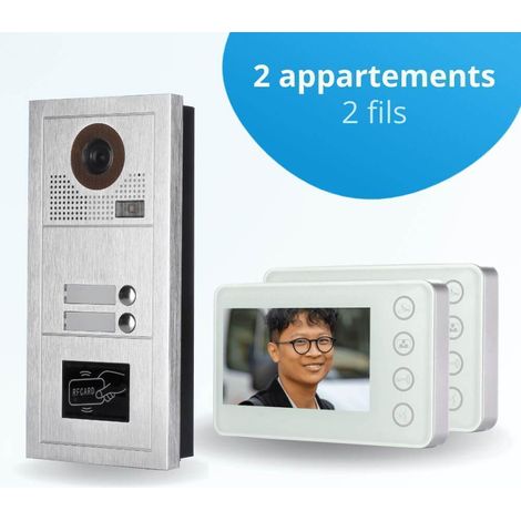Portier interphone vidéo MODERN 2 Fils - 2 appartements - 2 écrans blancs - avec lecteur de badge