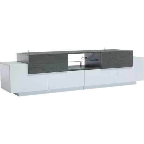 CAIziMeuble TV LED avec étagères en verre, blanc et gris. (1/5)