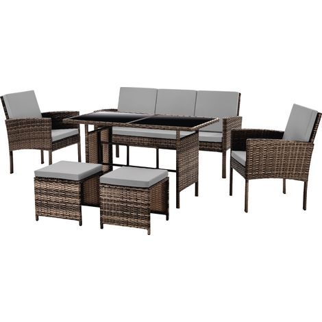 Svita – Salon de jardin en polyrotin 7 places – Table 120x70cm avec plateau en verre – Résistant aux intempéries – Coussins amovibles gris