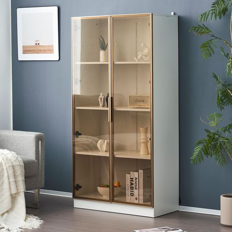 Vitrine en verre blanc avec éclairage LED, vitrine à 2 porte avec étagères mobiles, blanc
