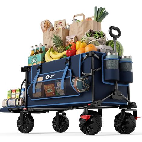 Chariot de Transport Pliable XXL 400L Capacité 210kg avec Hayon Rabattable Roues Tout Terrain 360° Frein Double Poignée Réglable Idéal pour Jardin Plage Camping et Courses (1/5)
