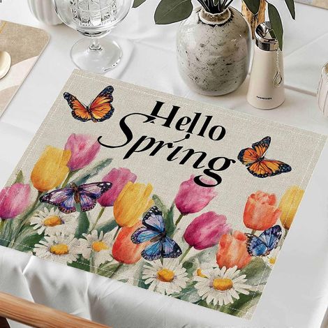 Lot de 4 sets de table/dessous-verres/nappes en polyester imprimés à plat, motif moderne et minimaliste de tulipes, marguerites et papillons printaniers. Idéaux pour la cuisine et la salle à manger. (1/5)
