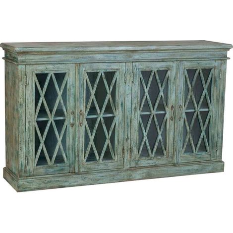 Buffet bleu artisanal en bois et verre esprit vintage - bleu patiné bois vieilli (1/5)
