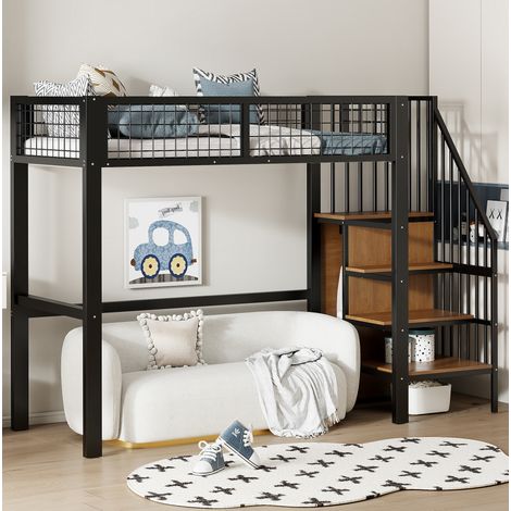 Lit mezzanine enfant 90x200cm structure en métal avec escalier de rangement et armoire– Garde-corps antichute – noir (1/5)