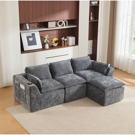 Sofá modular de 3 plazas con reposapiés 256x161x75 cm gris oscuro en chenilla con bolsillos laterales (1/5)