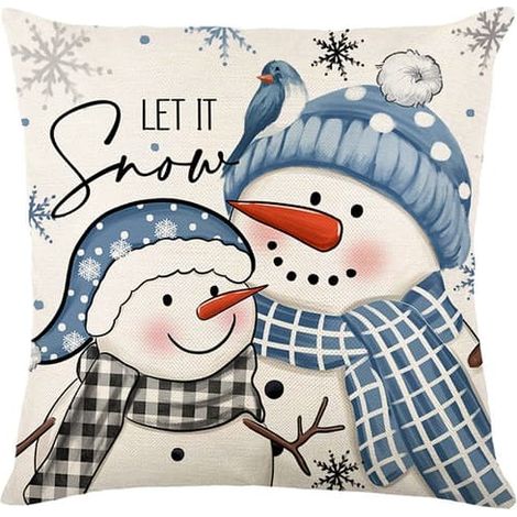 Lot de 4 taies d'oreiller de Noël, coussins décoratifs pour canapé avec motif bonhomme de neige imprimé, taies d'oreiller en lin à carreaux (coussin intérieur non inclus) (1/5)