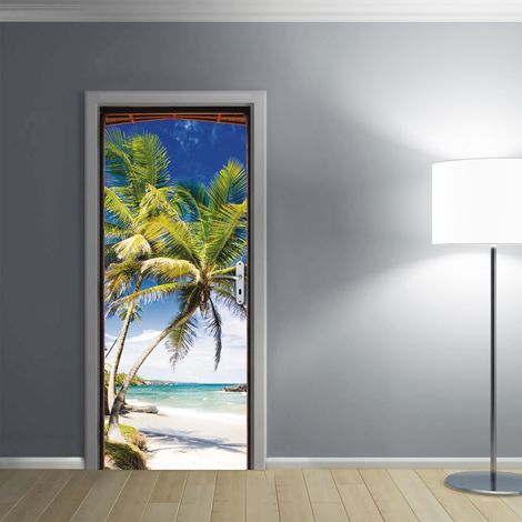 Sticker mural Trompe l'oeil, Paillote, île de palmiers, sable fin et mer, 204 cm X 83 cm, ouverture porte décorative (1/5)