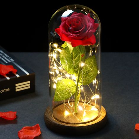 Coffret cadeau de roses pour mariage, lampe rose artificielle sous cloche en verre inspirée de La Belle et la Bête avec éclairage LED, cadeau idéal pour épouse, petite amie, anniversaire ou toute autr