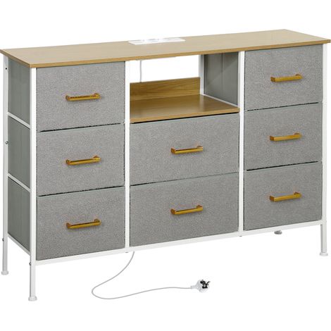 Commode à 8 tiroirs en tissu, finition imitation sherpa, station de charge USB-C pour chambre, grise