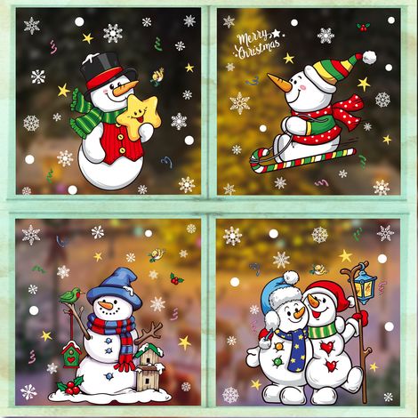 Autocollants statiques bonhomme de neige créatifs pour les fêtes de Noël - Autocollants statiques pour vitres - [Quatre ensembles] 393+395+397+398
