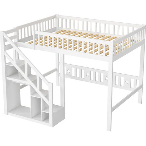 Lit mezzanine 140x200,lit mezzanine enfant avec escalier de rangement,penderie intégrée,étagère de rangement,barrière de lit antichute,lit en bois massif,blanc — vue 3