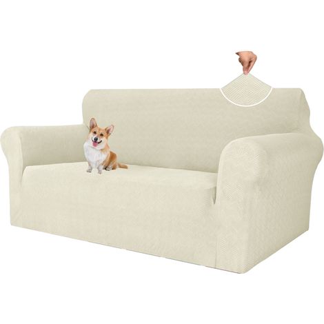 Housse De Canapé - 2 Places - Avec Accoudoirs - Extensible - Jacquard - Lavable En Machine - Beige (1/5)