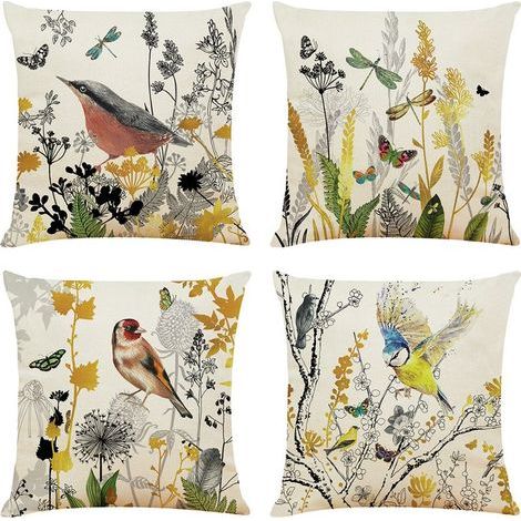 Lot de 4 housses de coussin carr��es �� motif de fleurs et d'oiseaux pour canap��, salon, chambre �� coucher, bureau, porche, 45 x 45 cm