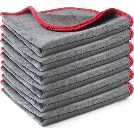 Chiffon de nettoyage en microfibre non pelucheux, polissage des vitres, sans traces, réutilisable pour miroirs, cuisine, vaisselle, nettoyage automobile, lot de 6, 30 x 40 cm, gris-rouge