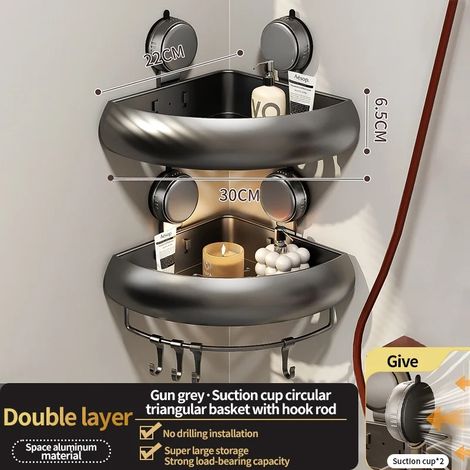 (Étagère à ventouses grise à 2 barres) Étagère de salle de bain adhésive sans perçage, étagère de salle de bain, étagère suspendue en aluminium pour toilettes, organisateur de salle de bain à accroche (1/5)