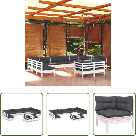 Terrassen-Lounge-Set - 12-tlg. Garten-Lounge-Set mit Kissen Weiß Kiefer Massivholz (1/5)