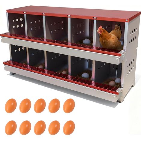 LUNSY - Pondoir Poule 10 Compartiments Acier Galvanisé - Fixation Murale ou Pose Libre - Pour Poulailler Jardin Ferme (Rouge) (1/5)
