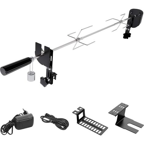Tourne Broche Electronique avec 2 Pince à Viande, Moteur, Alimenté par USB et Adaptateur, Kit de Rôtisserie pour Grils à Gaz, Chariots de Barbecue, Longueur Ajustable 69-137cm