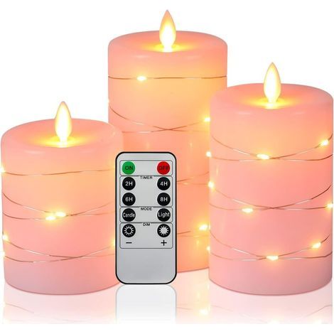 GENERIC- Bougies LED Angle de vision de 360 degrés, avec guirlandes lumineuses étoilées, lot de 3 bougies LED, avec télécommande à 10 touches, fonction minuterie 24 heures, flamme dansante (Rose). (1/5)