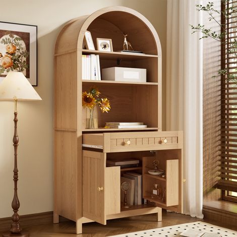 Credenza alta 180 cm con parte superiore ad arco, portasespezie e ripiani, mobile dispensa moderno per cucina e soggiorno - Naturale (1/5)