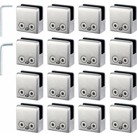 16pcs Glass Clamps 8-10mm Glass Support in Stainless Steel Clamps Stop Square Shaped Glass 8-10mm with 2 Hex Keys for Stair Railing (1/5)