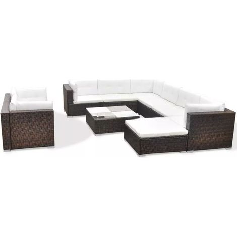 Salon de jardin 10 pièces résine tressée marron coussins blanc Kim (1/5)